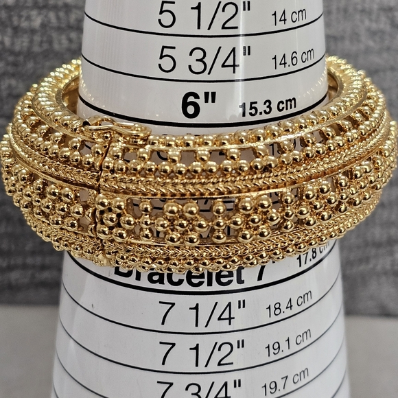 Golden Hinged Domed Cuff Bracelet with Safety Clasp Ornate Heavy - Picture 12 of 16